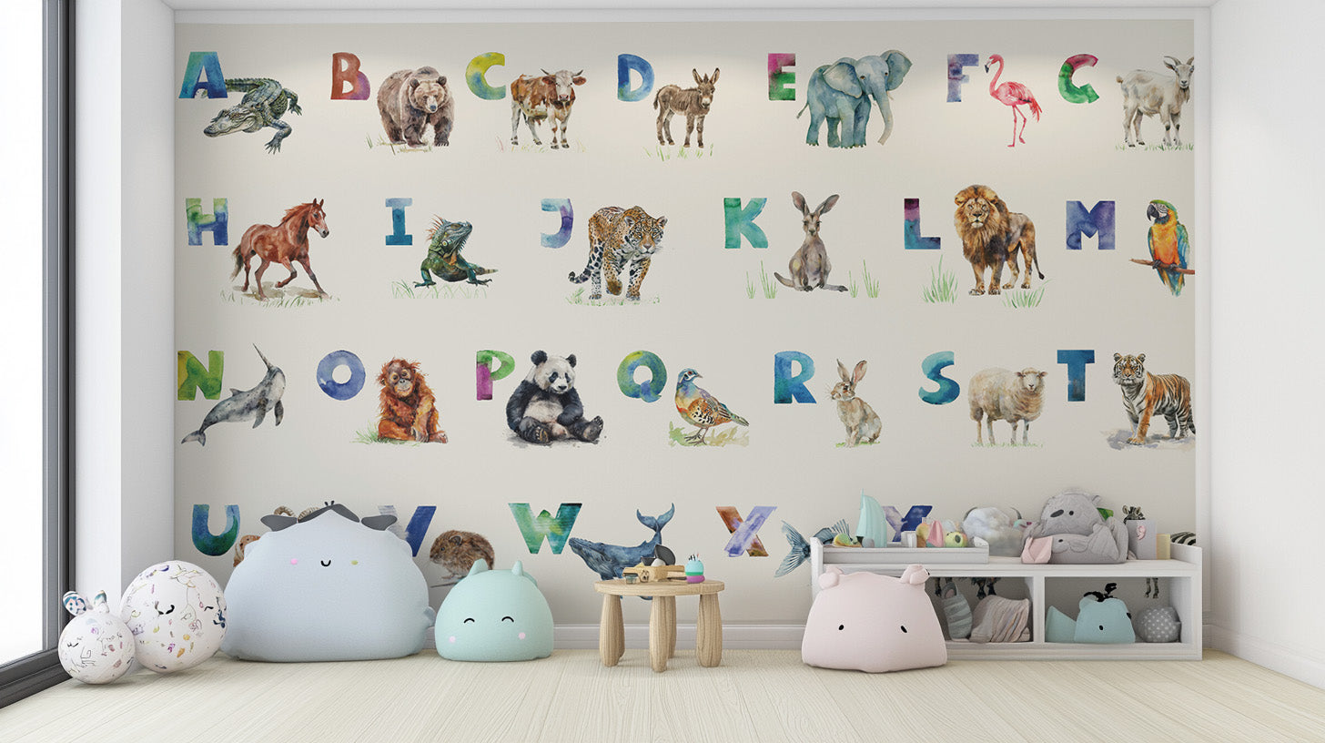 Stylish kids' wall decor with Alphabet Menagerie animal art.