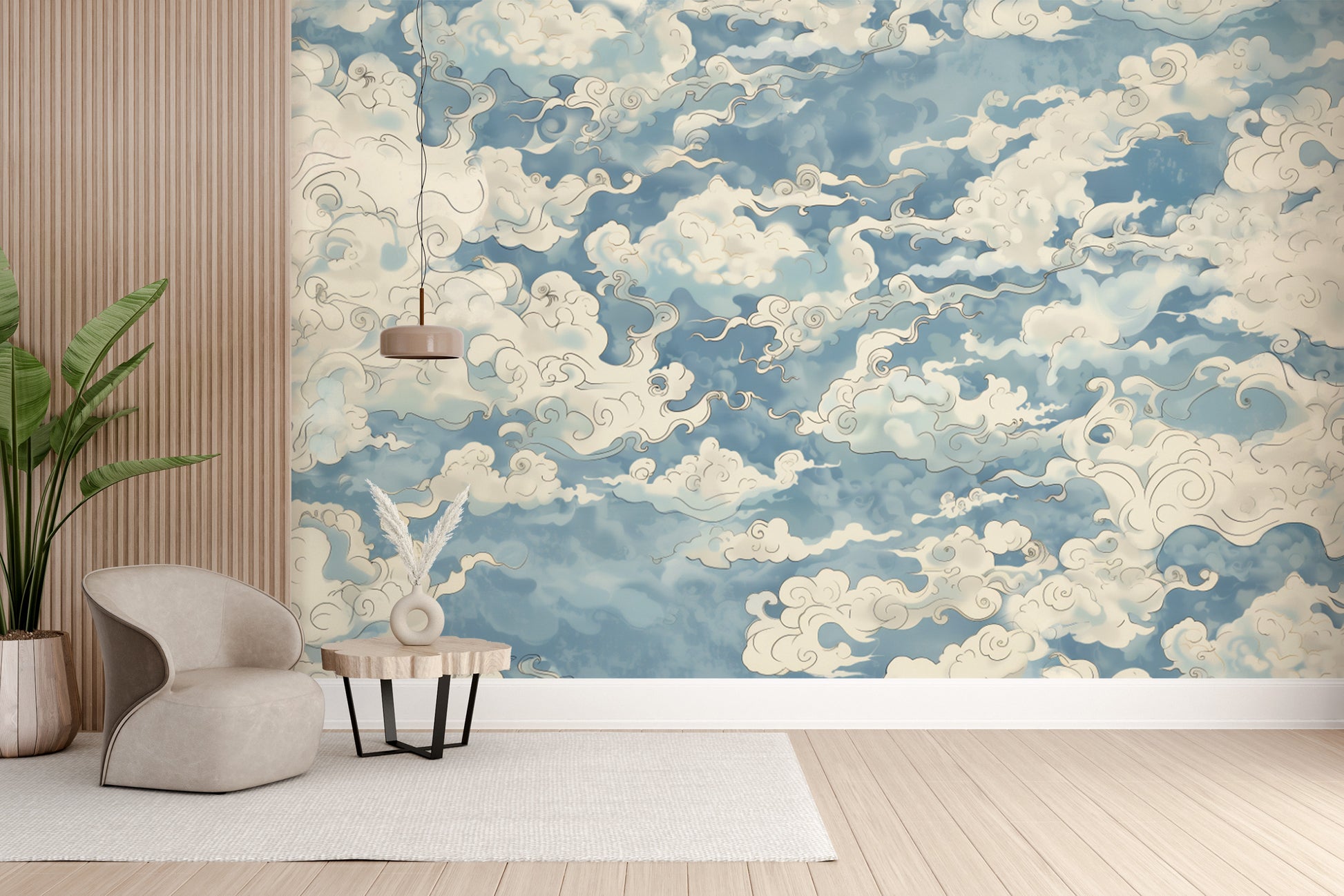 Soft drifting clouds mural for tranquil interiors