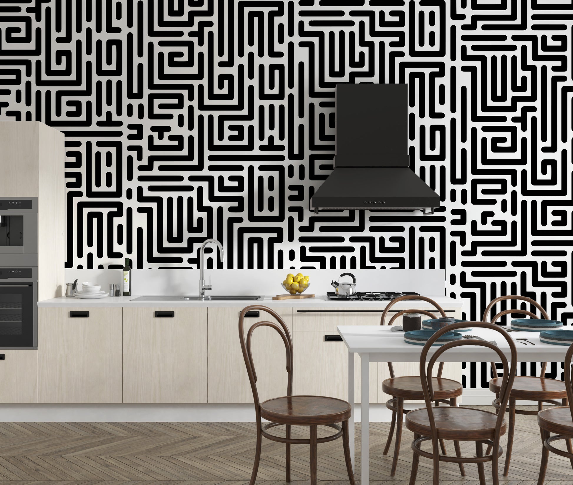 Abstract maze with bold monochrome patterns
