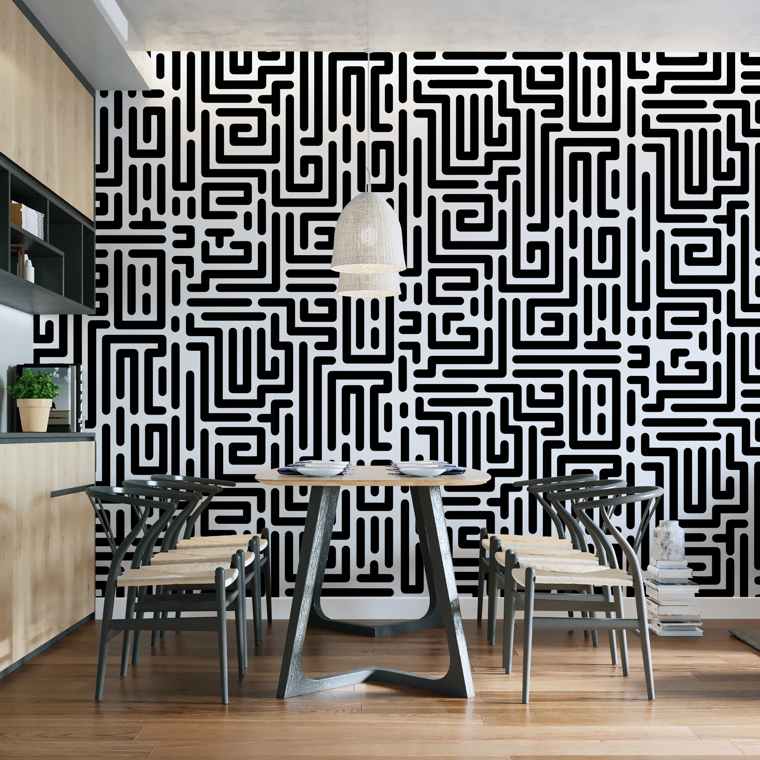 Endless pathways in a grayscale geometric design
