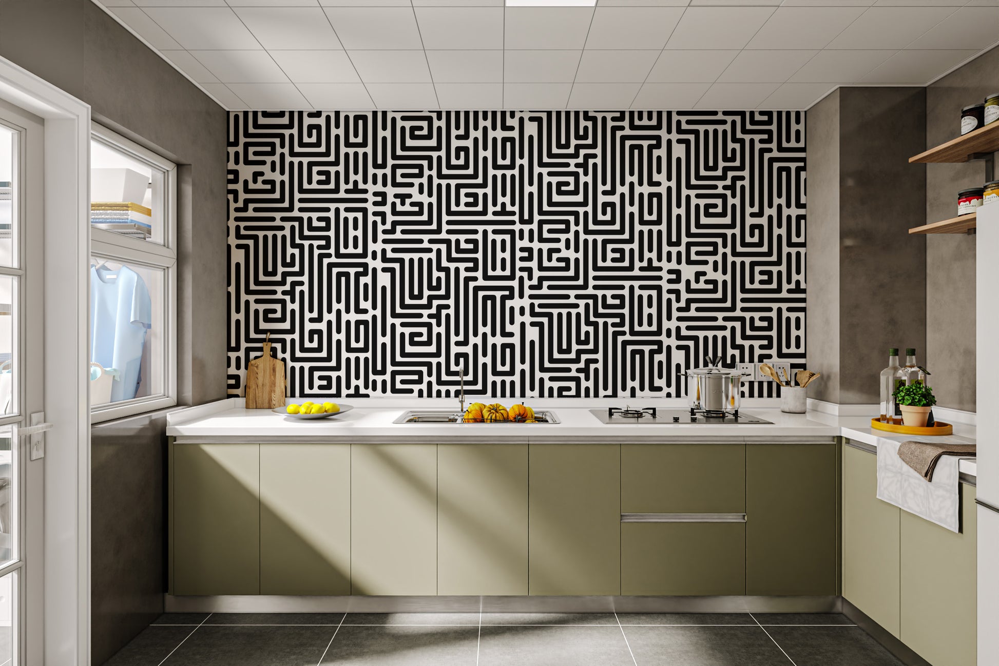 High-contrast abstract labyrinth in grayscale
