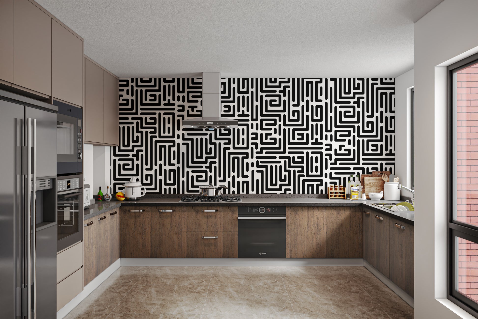 Interwoven monochrome pathways in a maze style
