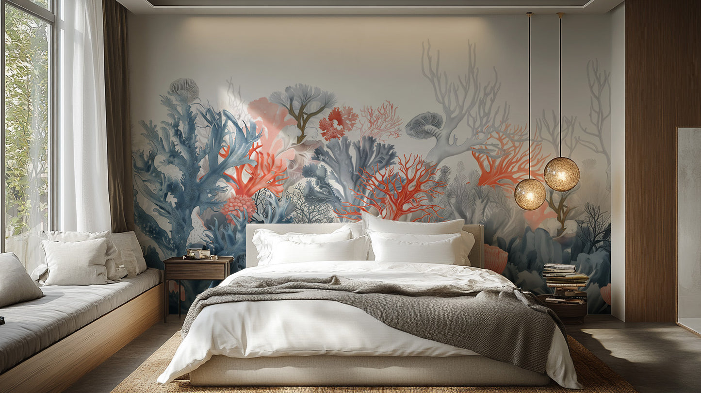 Marine-themed Aqua Gardens wallpaper with coral details.