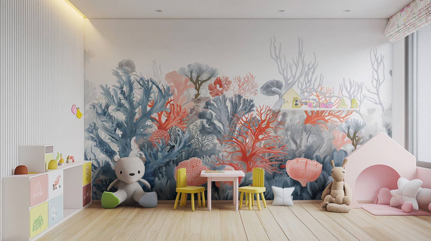 Elegant coral reef pattern on Aqua Gardens wallpaper.