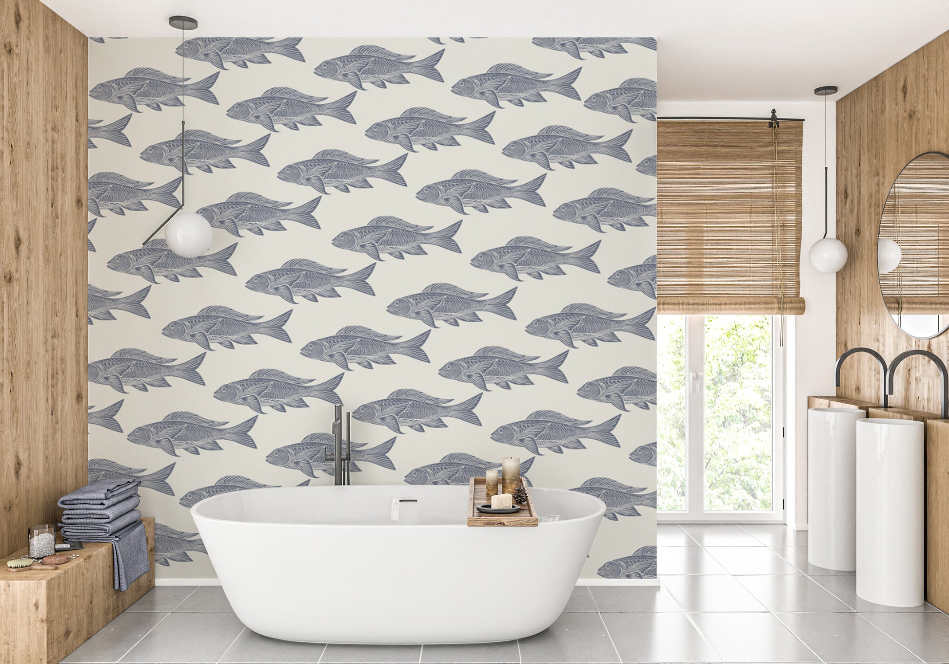 Retro-style fish catch with coastal nautical vibes
