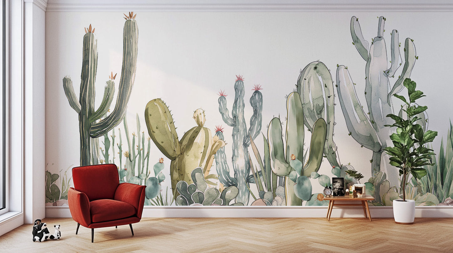 Artistic cactus in desert setting with watercolor splashes
