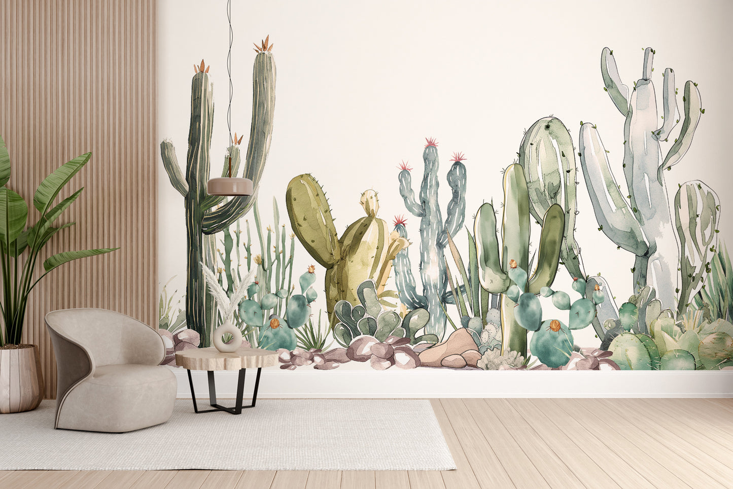 Soft watercolor cactus against a desert landscape
