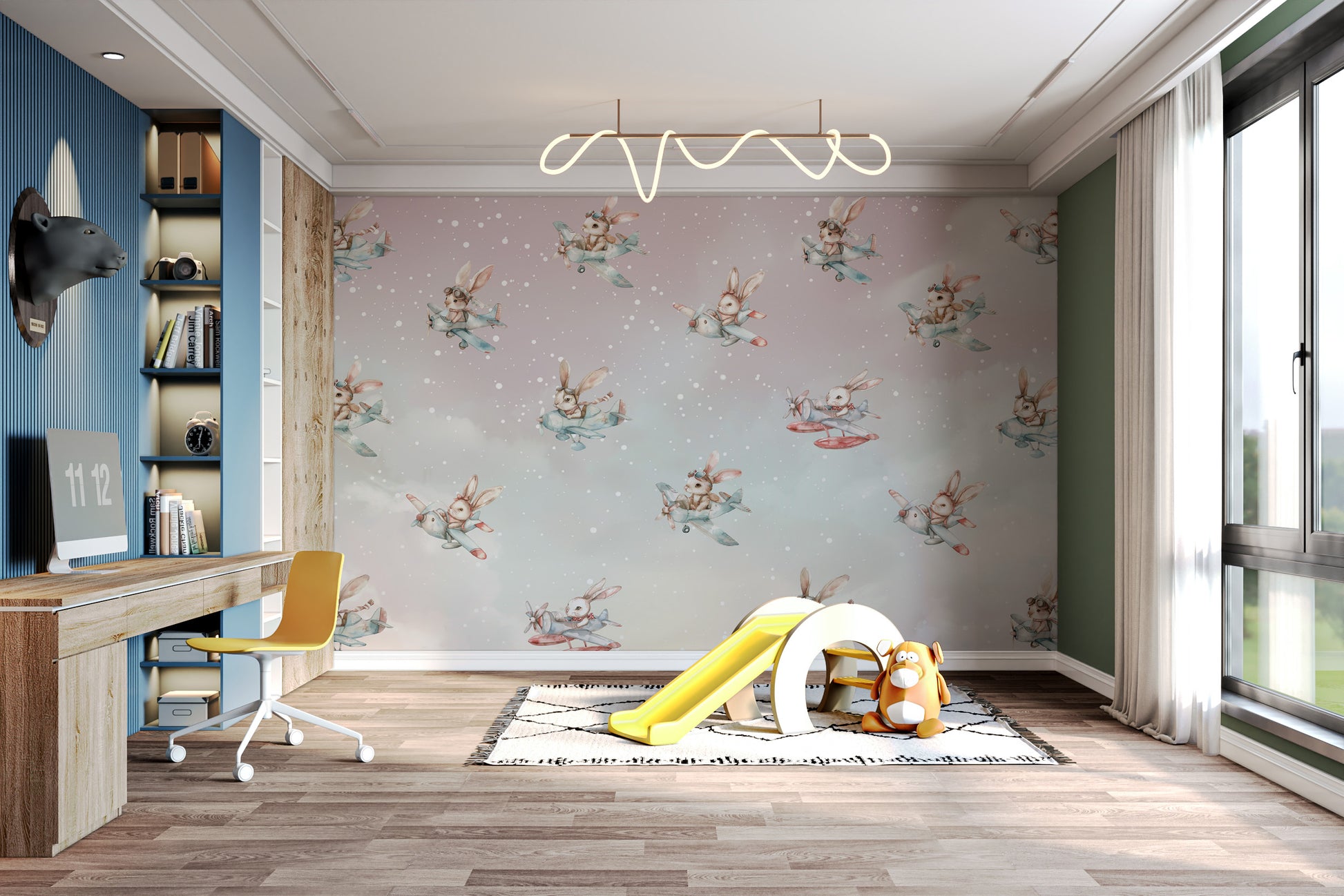 Bunny-themed adventure wallpaper with whimsical airplane designs.