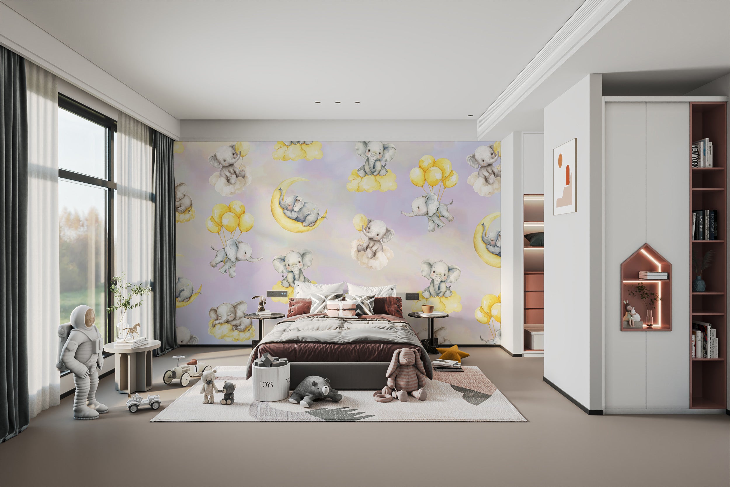 Cute elephants floating with balloons in a dreamy celestial wallpaper.