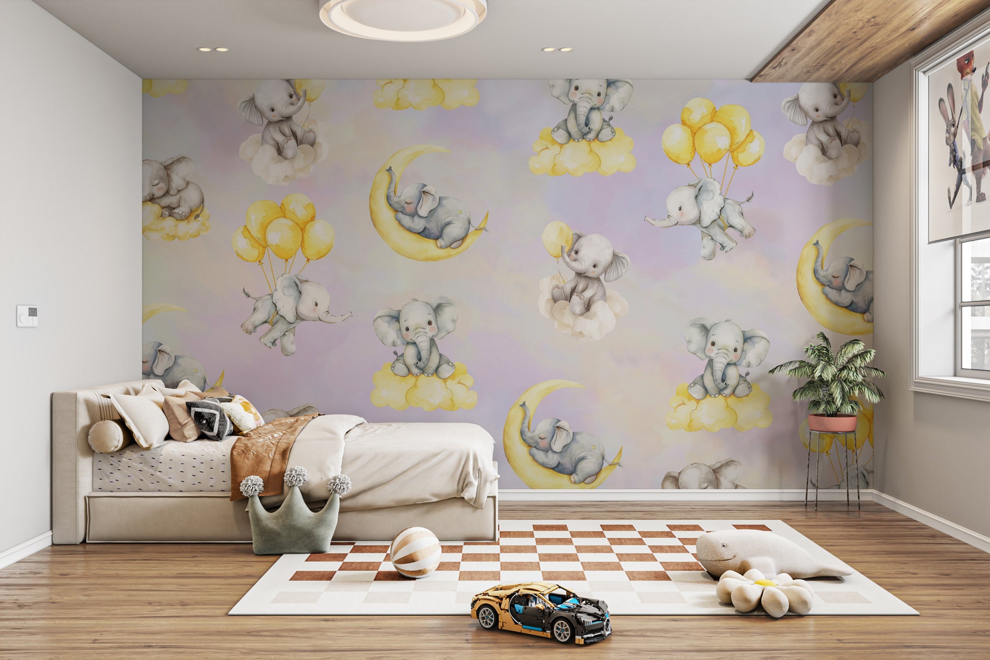 Whimsical elephant-themed kids wallpaper with clouds and stars.