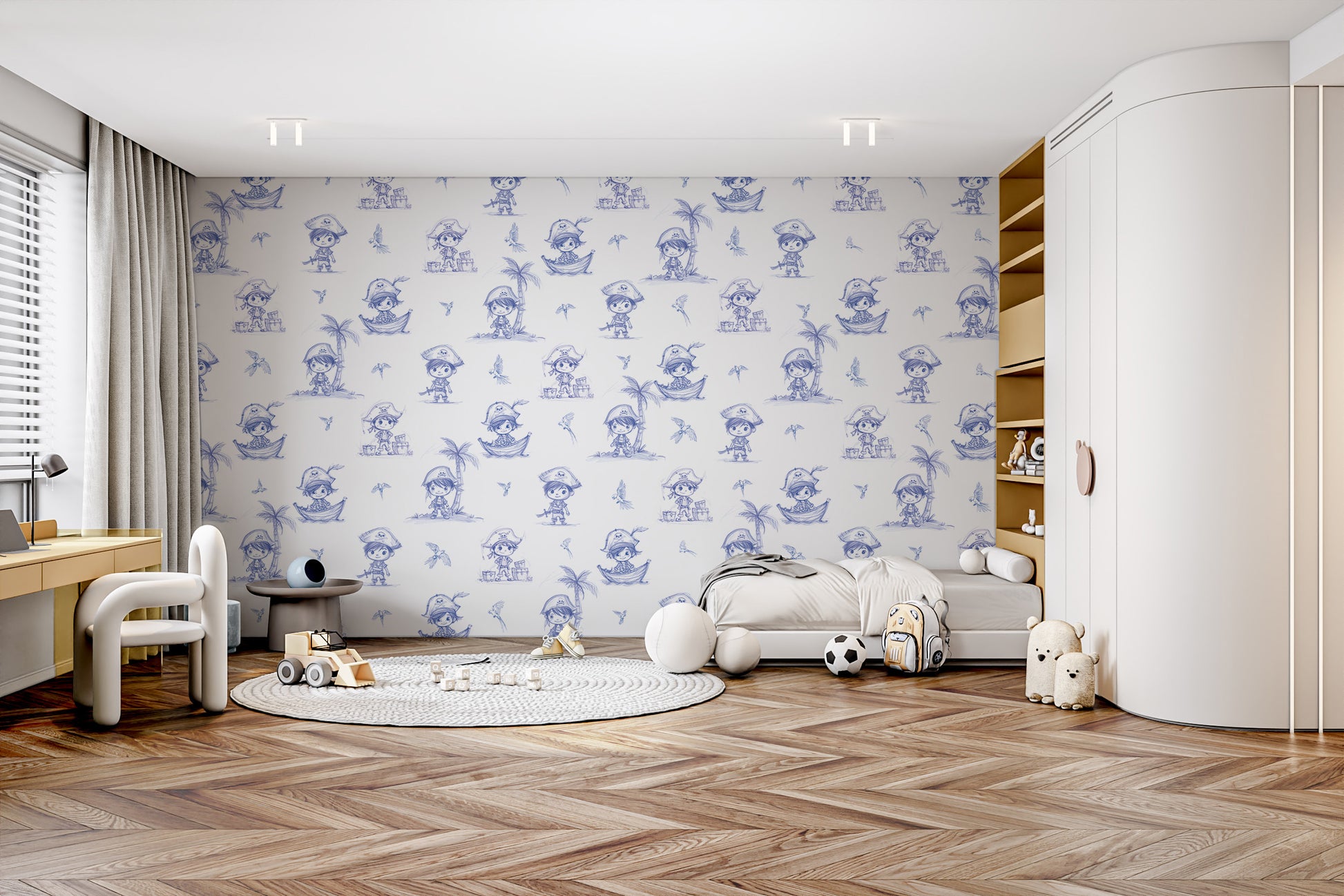 Illustrated pirate wallpaper perfect for adventurous kids' spaces.