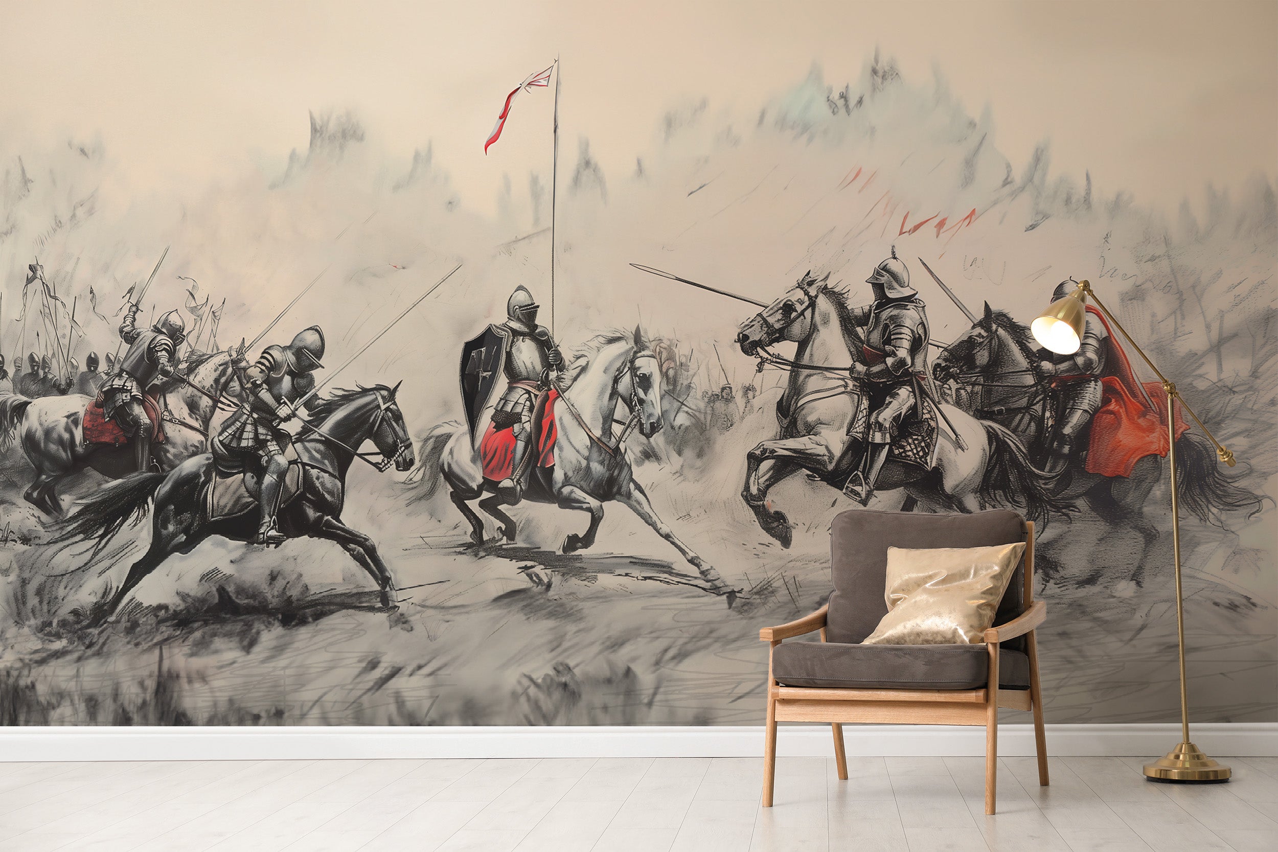 Battle-ready knights in action medieval mural