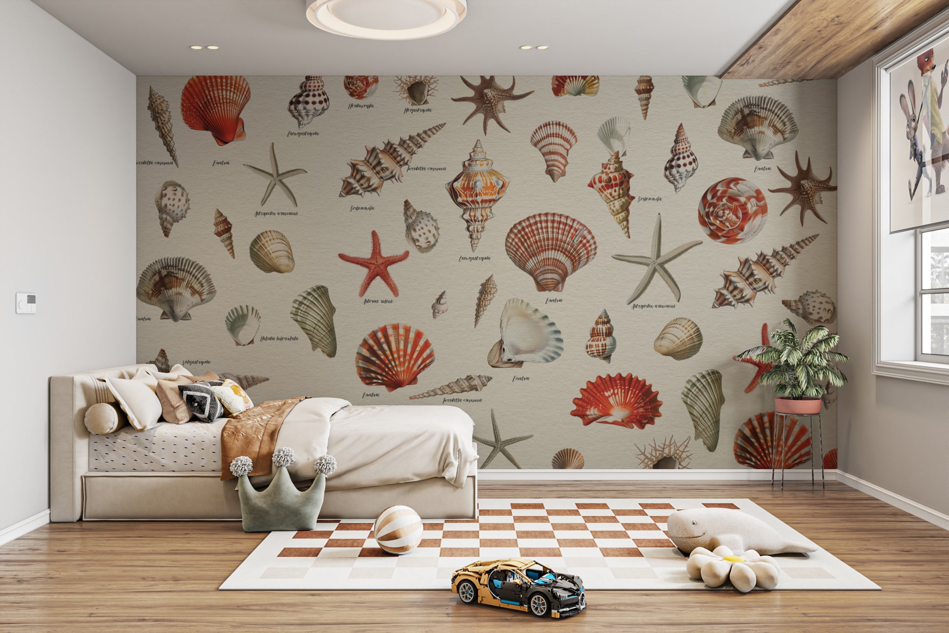 Nautical-themed wallpaper with seashell details