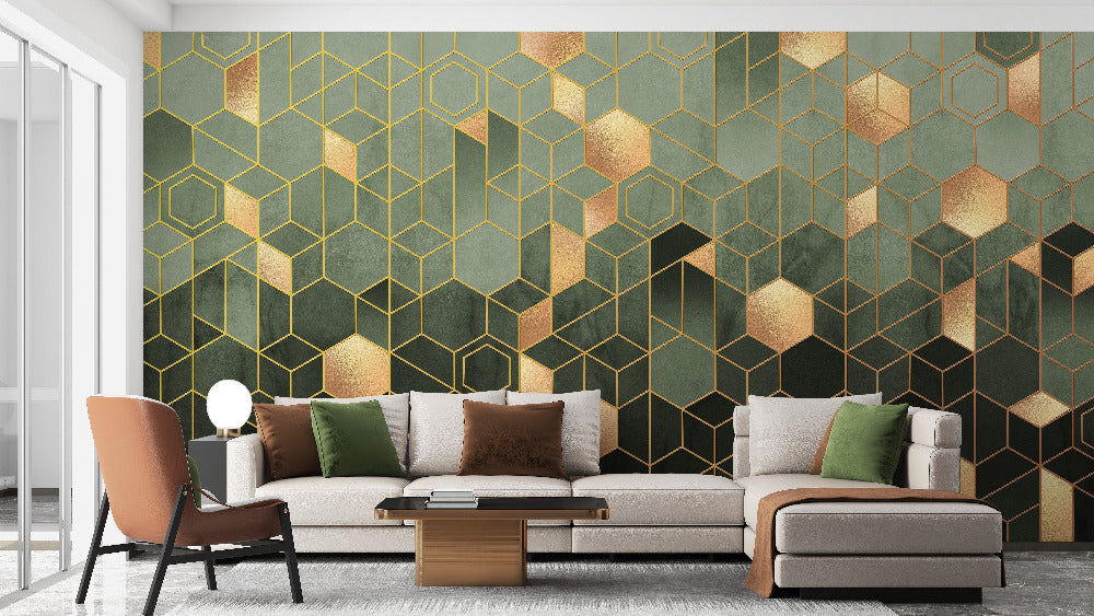 Geometric wallpaper featuring bold patterns of shapes and lines, adding a modern, artistic touch to walls in any room.