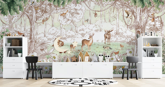 Forest friends wallpaper with spring season floral details