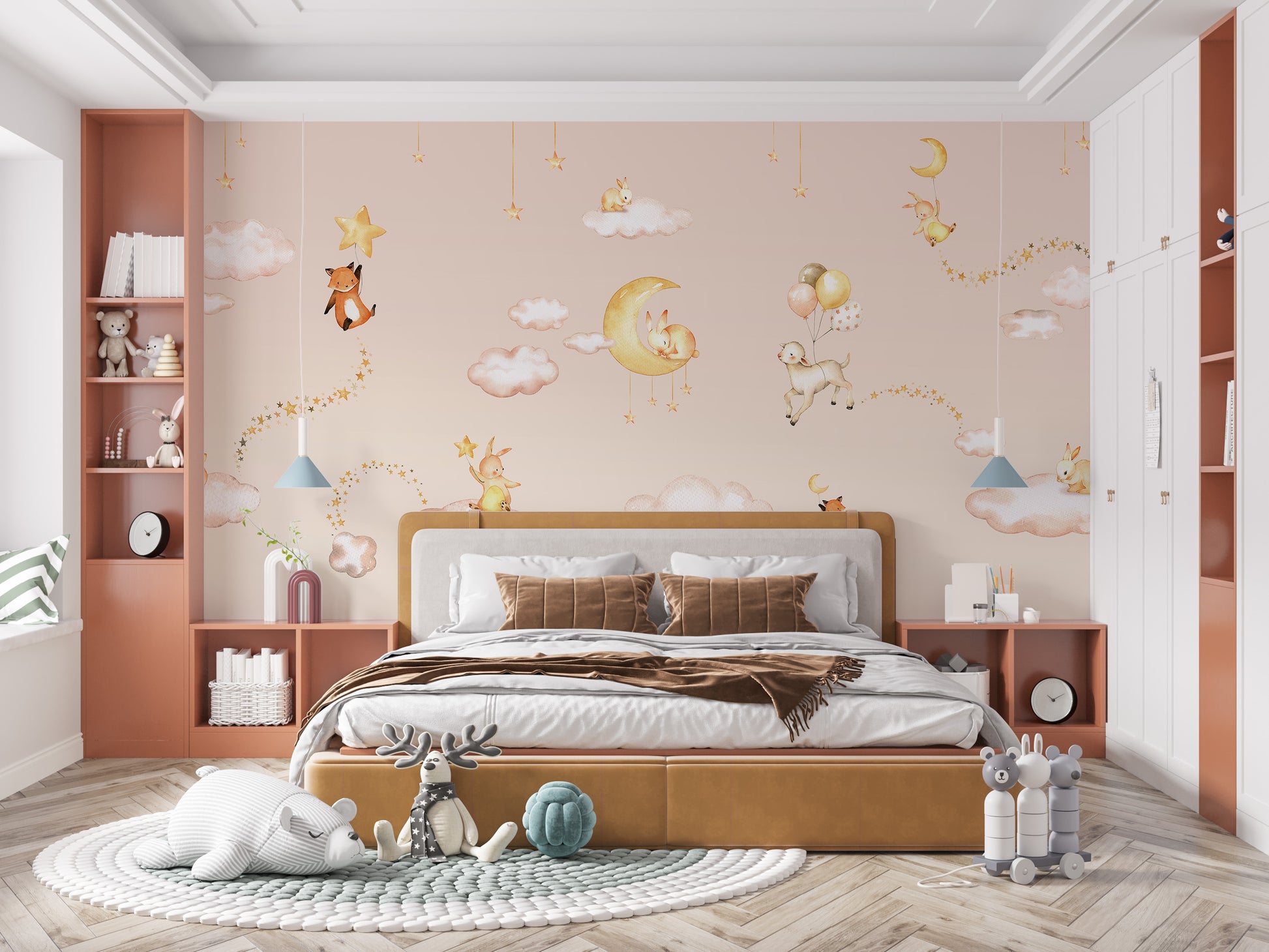 Pink Sweet Dreams wallpaper with clouds and cute animals