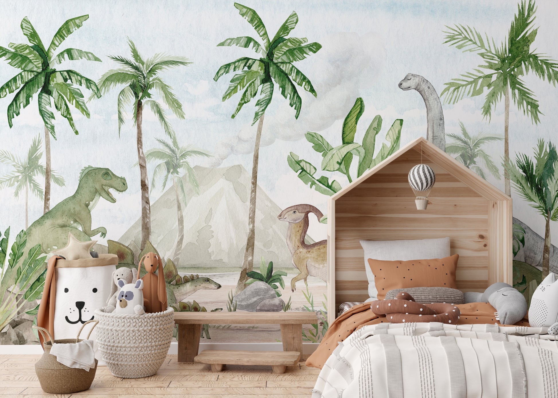 Watercolor dinosaur forest wallpaper mural