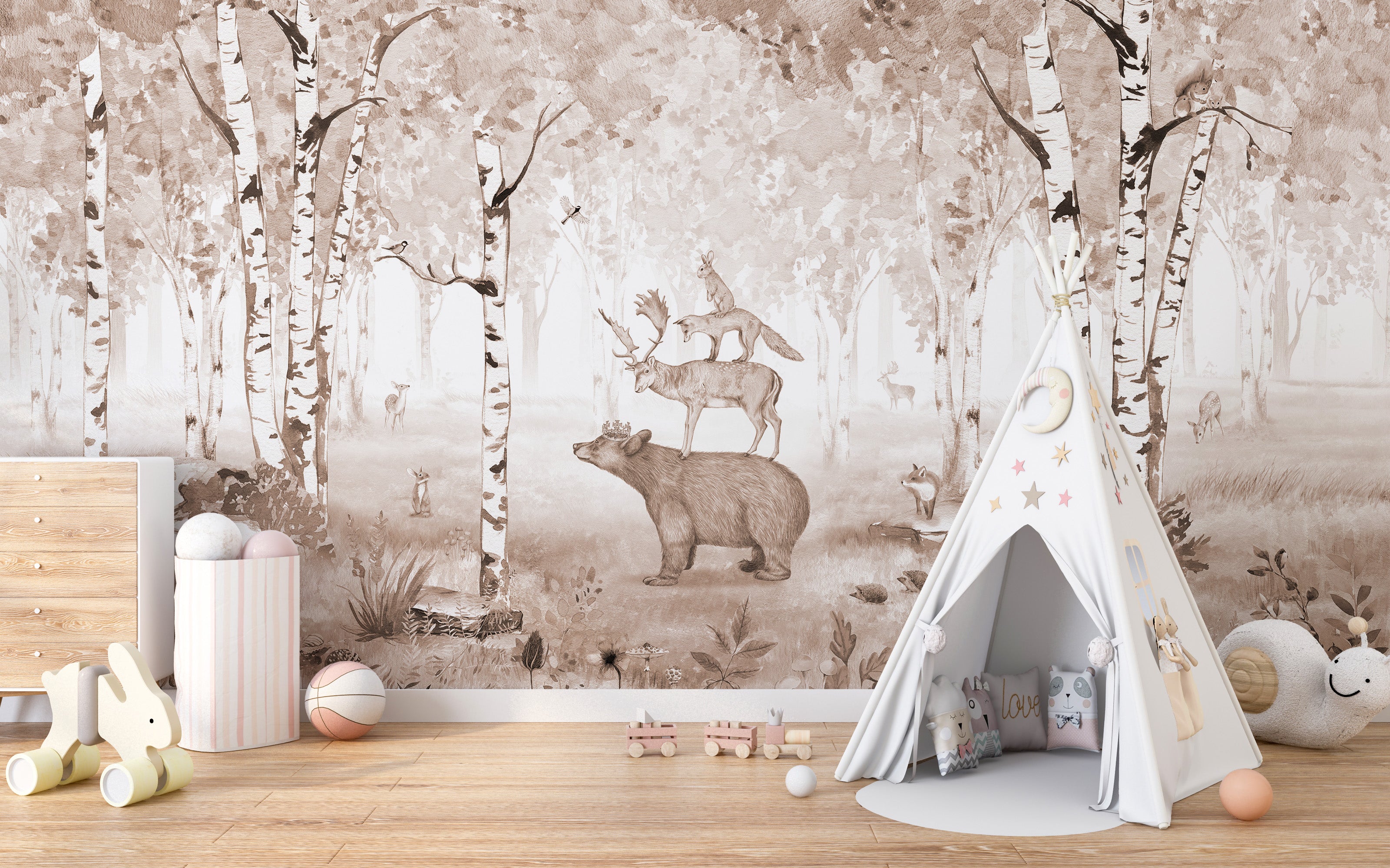 Brown bear king mural with woodland creatures and trees