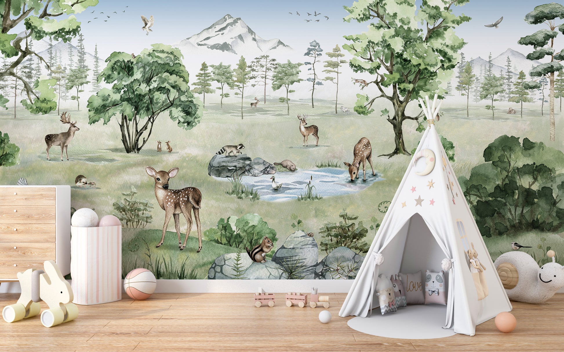 Forest animals wallpaper with deer in watercolor landscape