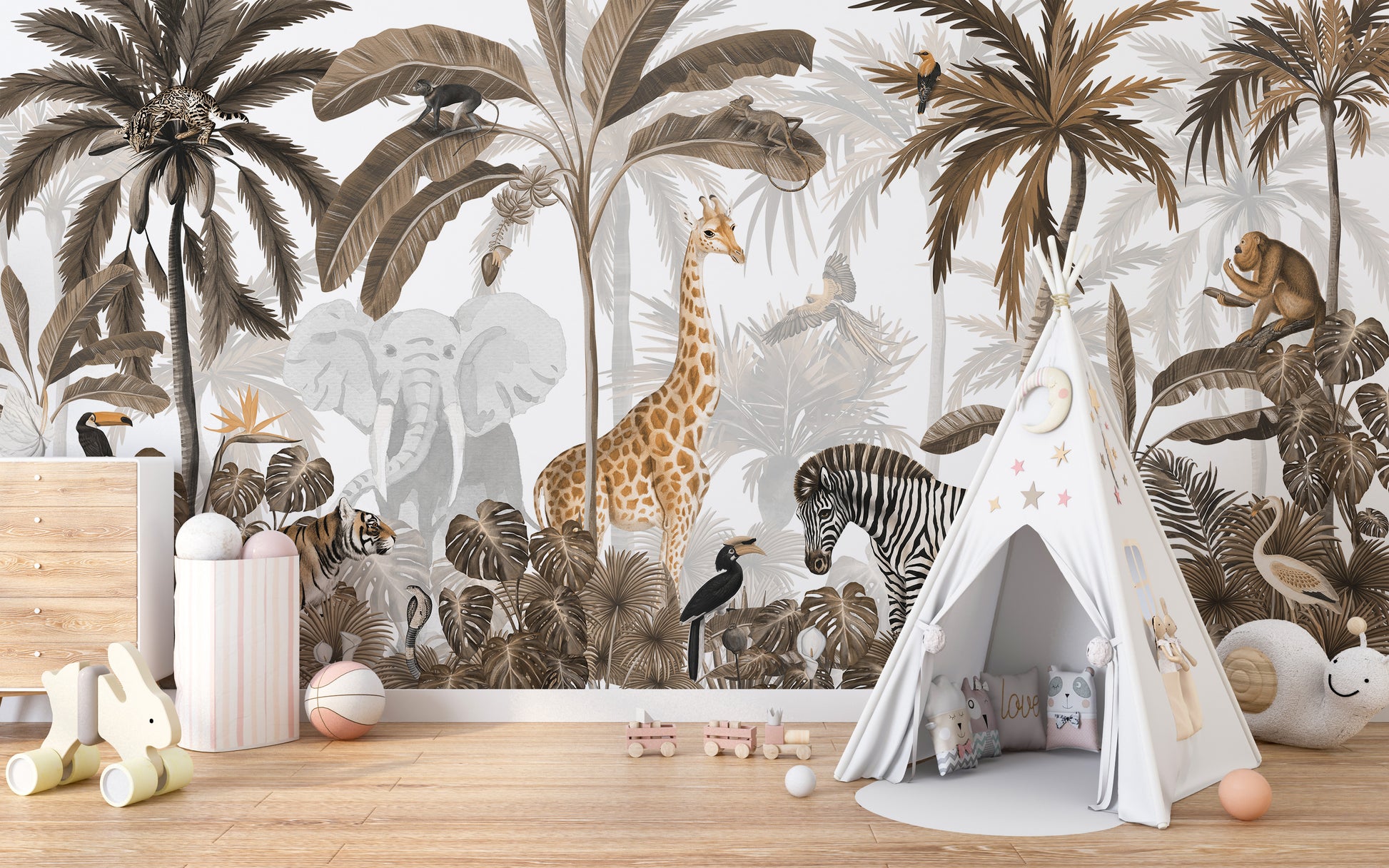 Wild animals and trees on tropical jungle wallpaper.