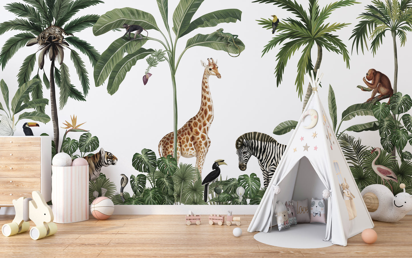 Safari forest wallpaper with tiger, monkey, and toucan