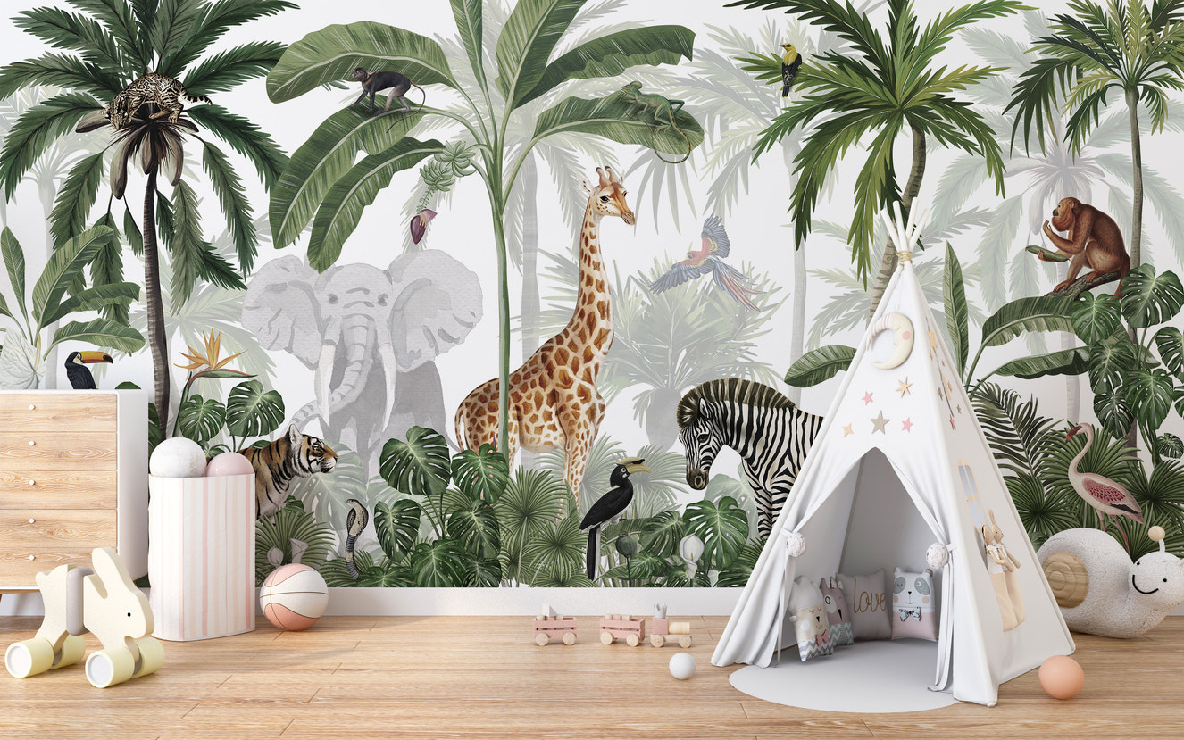 Jungle Jive mural wildlife and greenery theme wallpaper