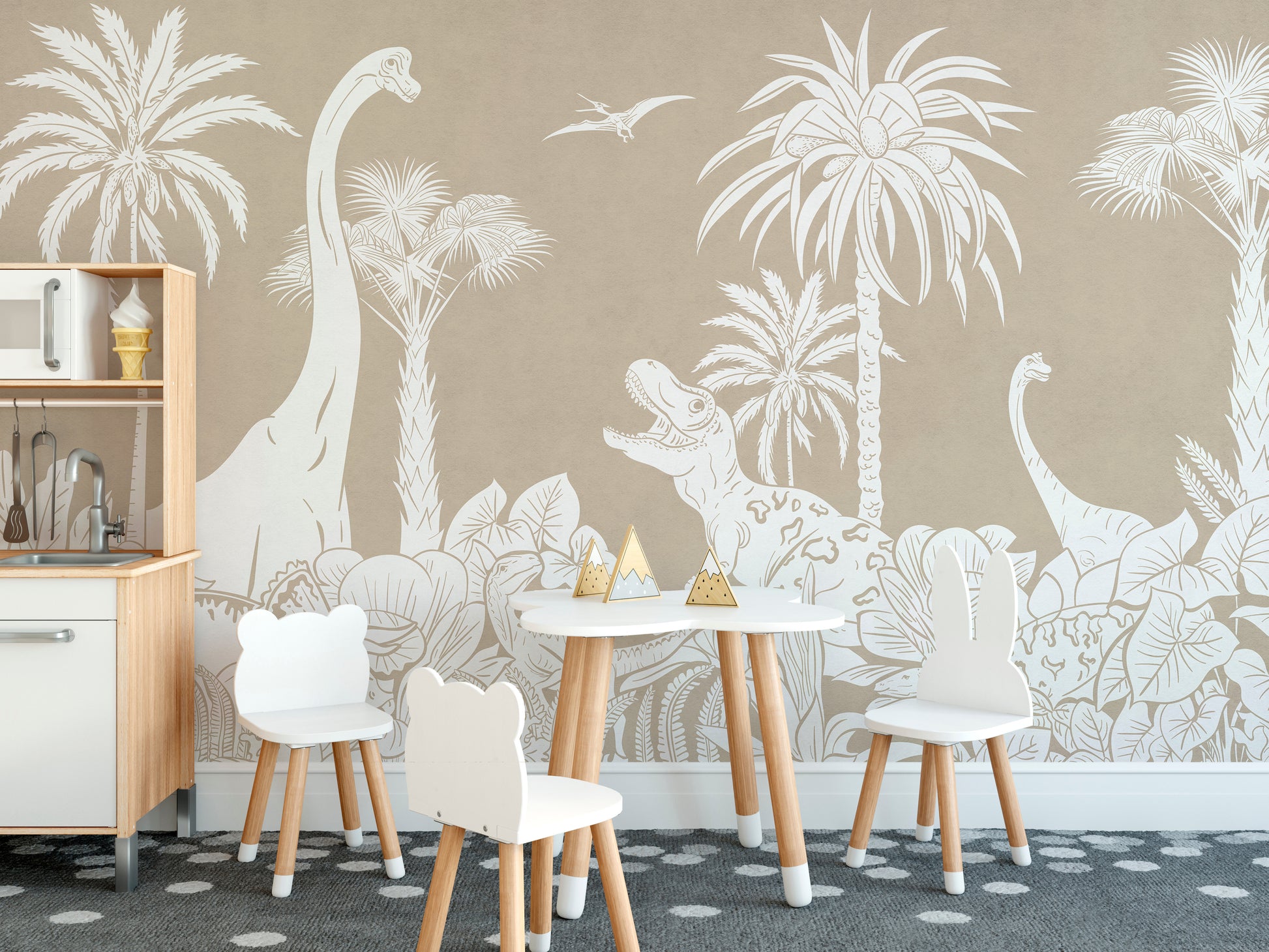 Dinosaur and palm tree Monochrome Dino Brown mural wallpaper