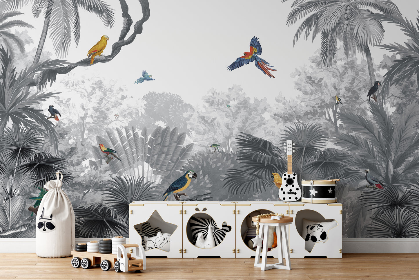 Monochrome wallpaper featuring jungle birds and palm trees