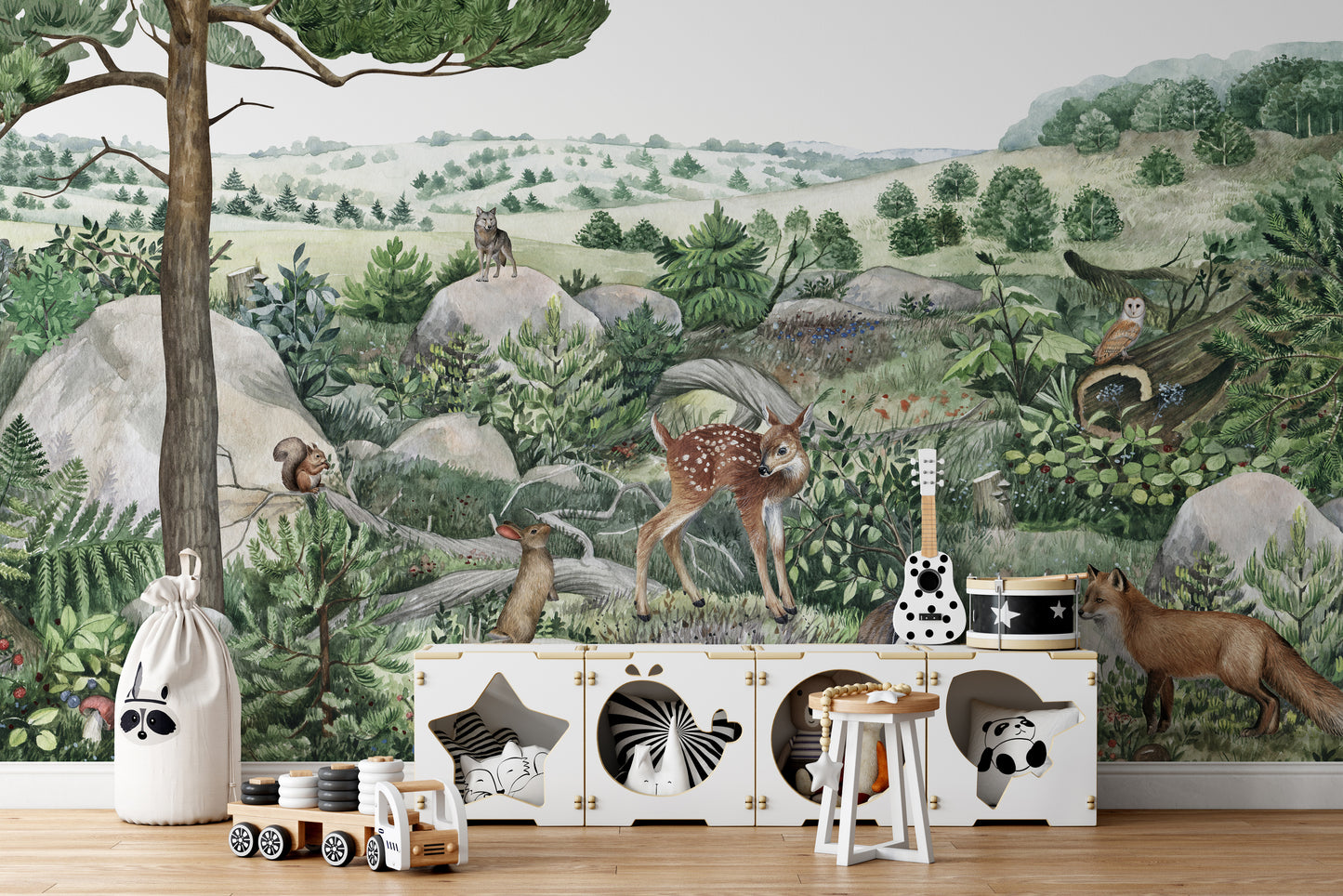 Forest animal wallpaper mural from Happy Hills collection.