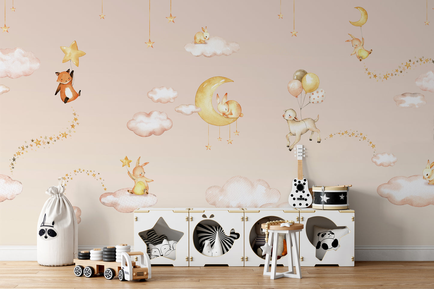 Pink Sweet Dreams wallpaper with bunnies and moon design