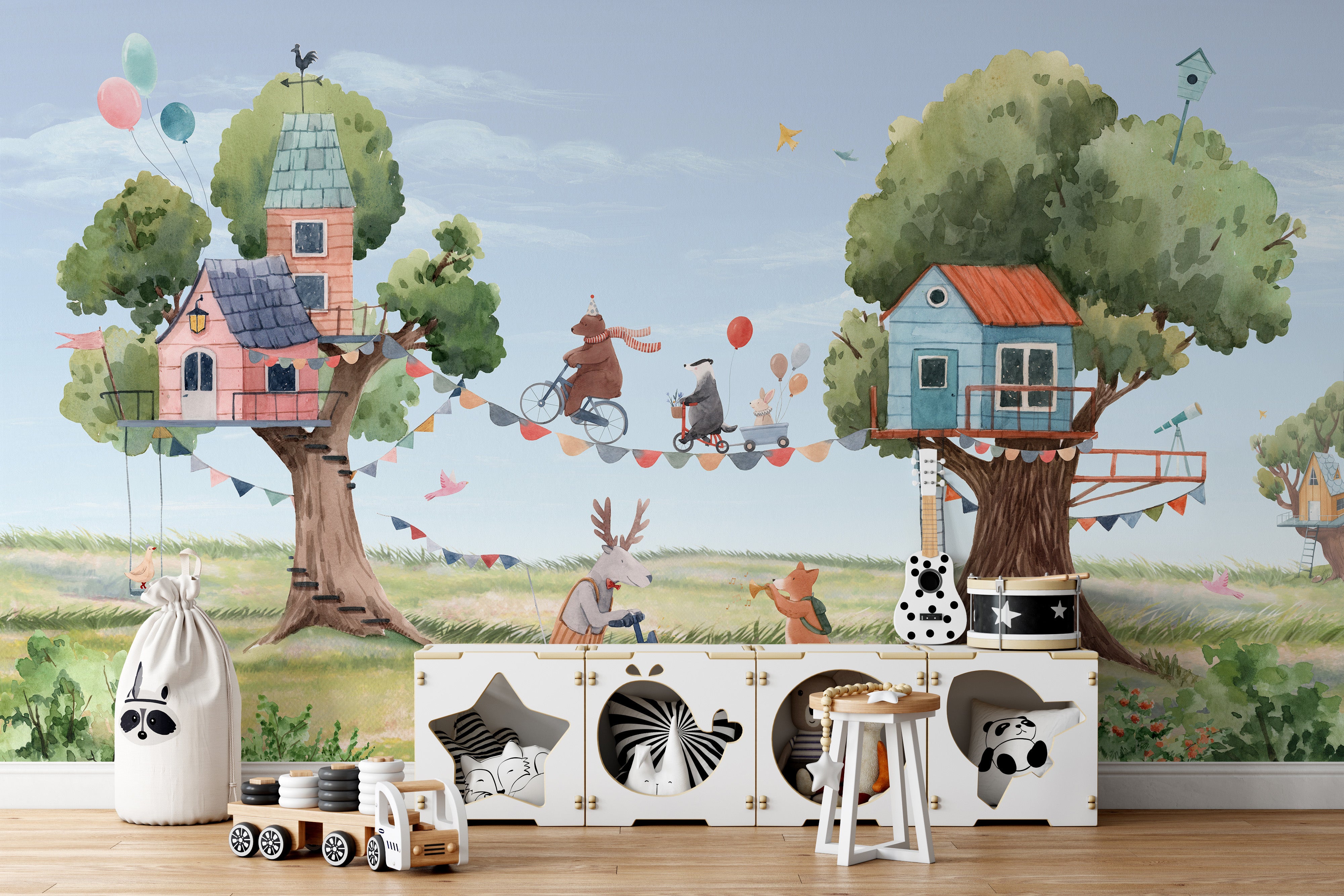 Kids treehouse wallpaper with party animals and fun designs