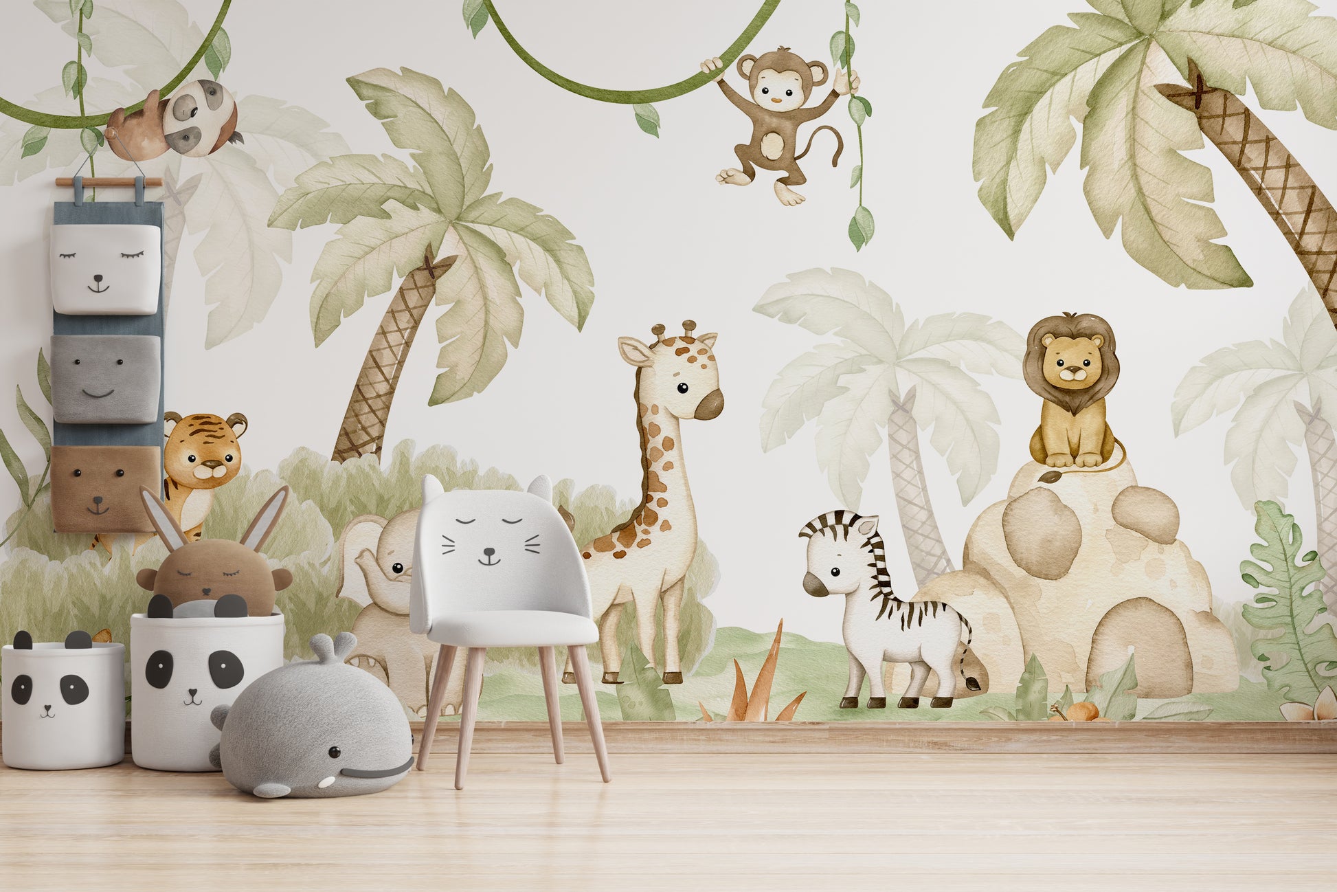 Watercolor safari animals mural for nurseries