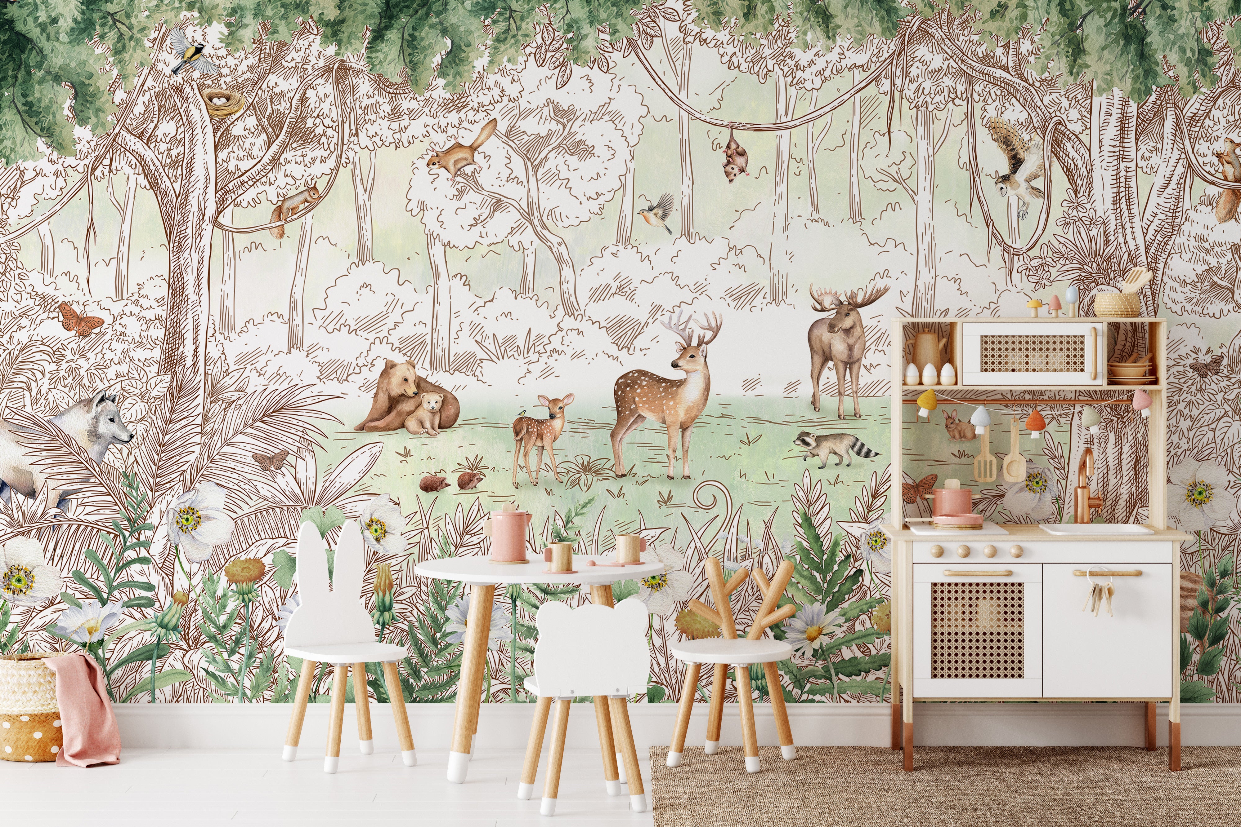 Spring season forest wallpaper featuring animals and plants