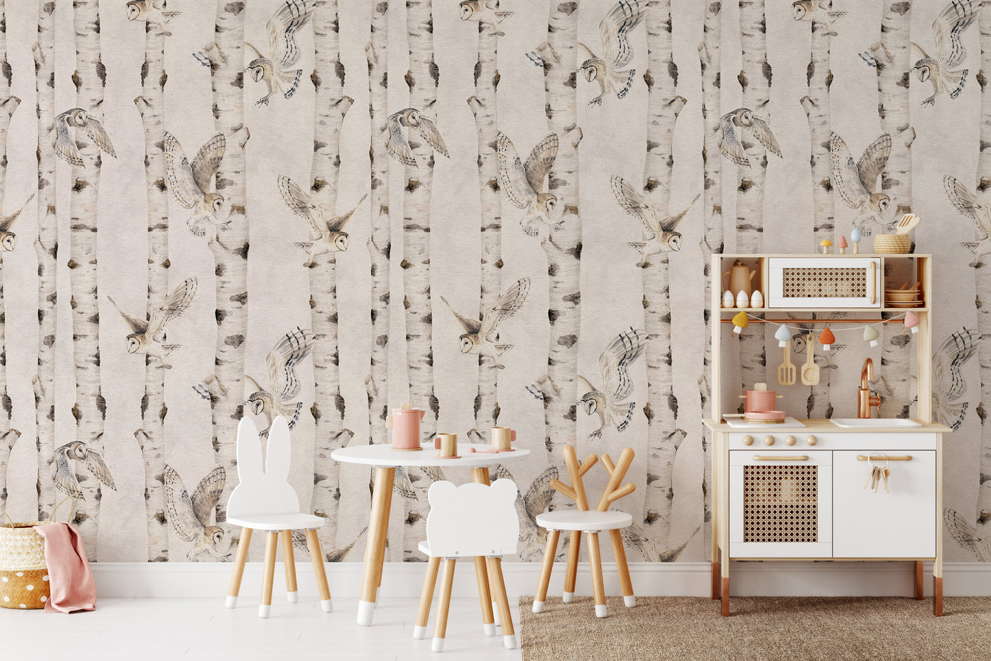 Owl Birch Forest Wallpaper - White