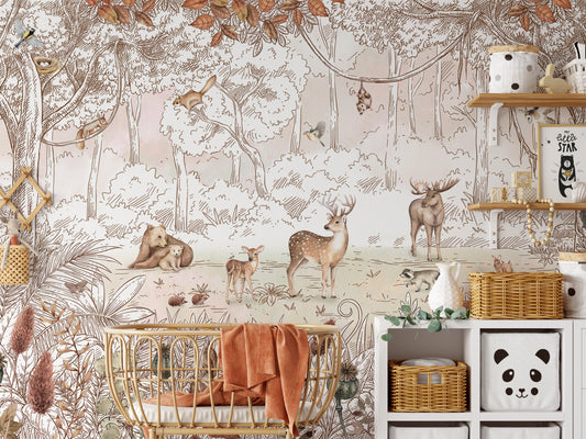 Autumn forest wallpaper mural featuring woodland animals