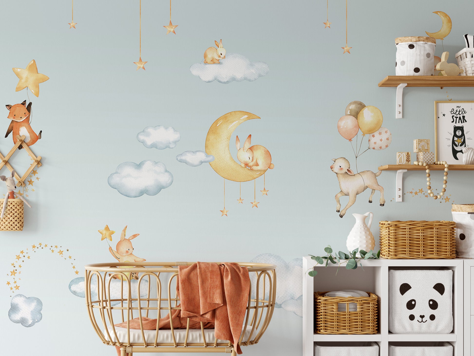 Kids room wallpaper featuring bunnies and floating stars