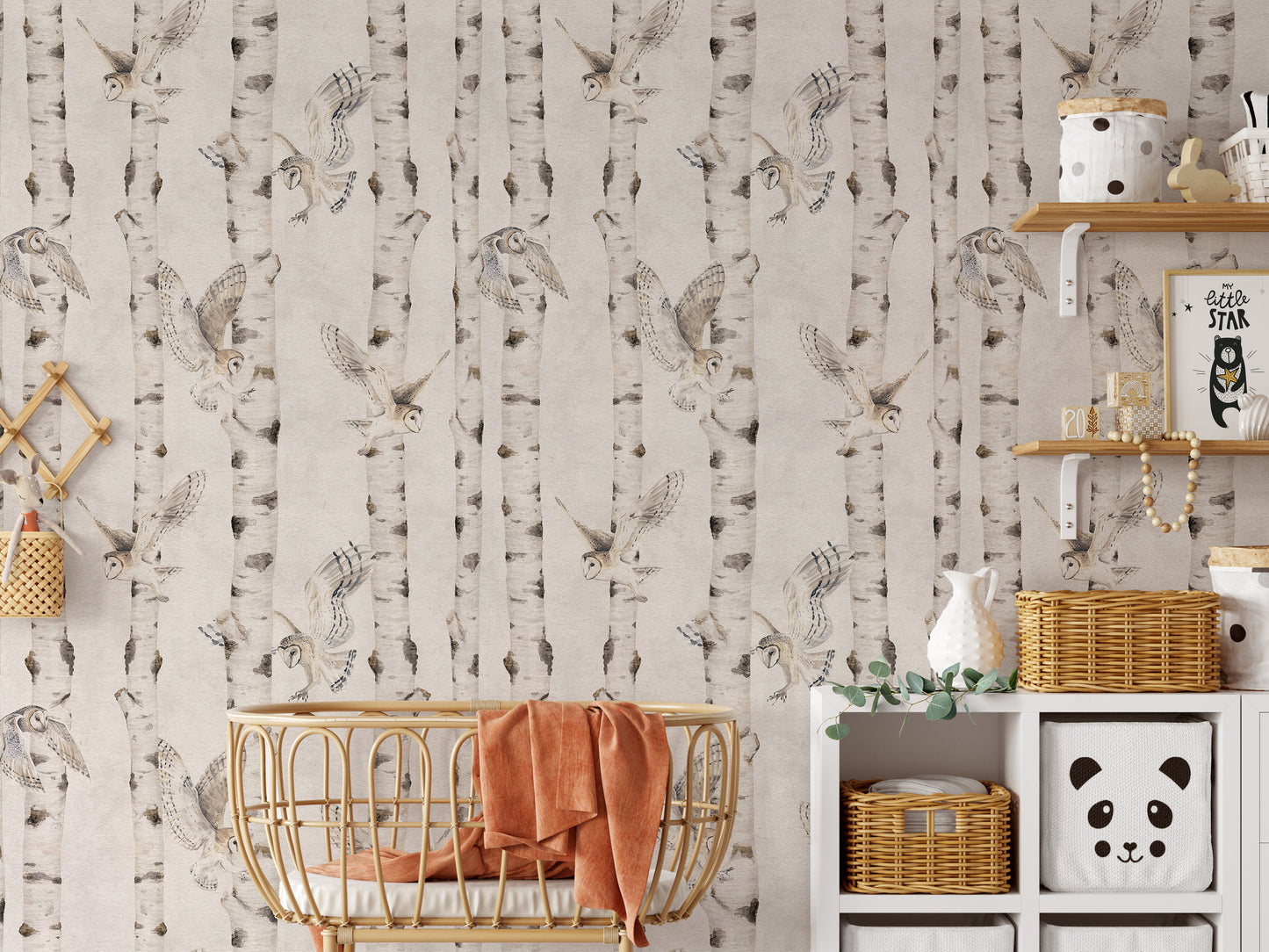 Owl Birch Forest Wallpaper - White