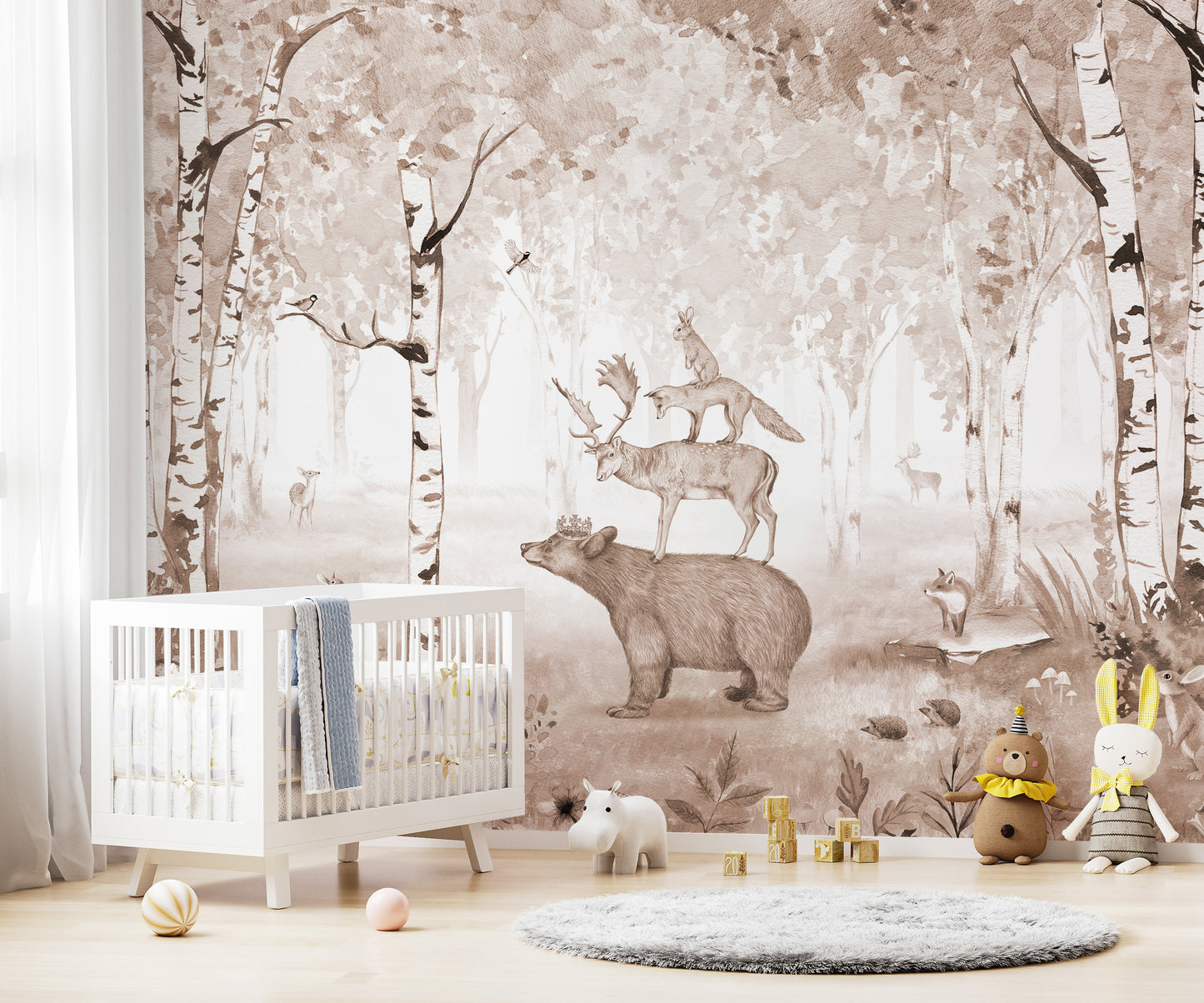 Forest-themed wallpaper featuring brown bear and wildlife