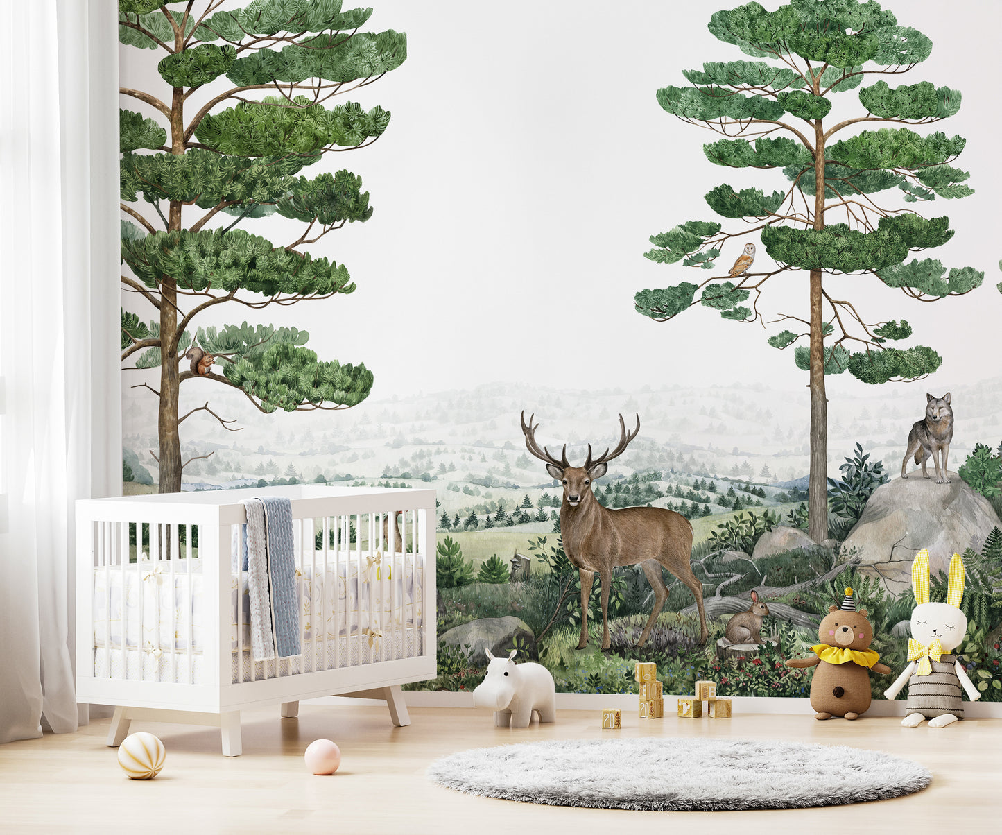 Scenic forest wallpaper murals featuring deer and trees