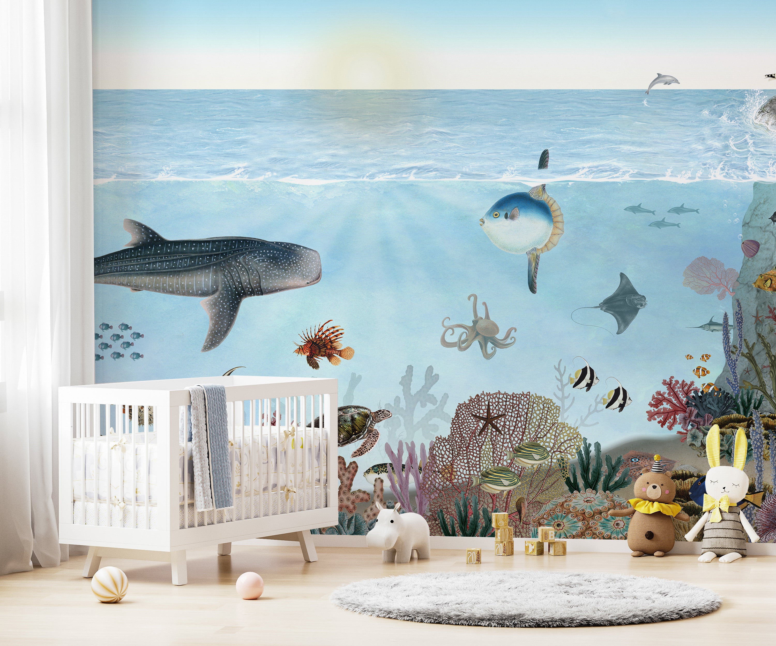 Underwater marine life mural wallpaper with coral reefs