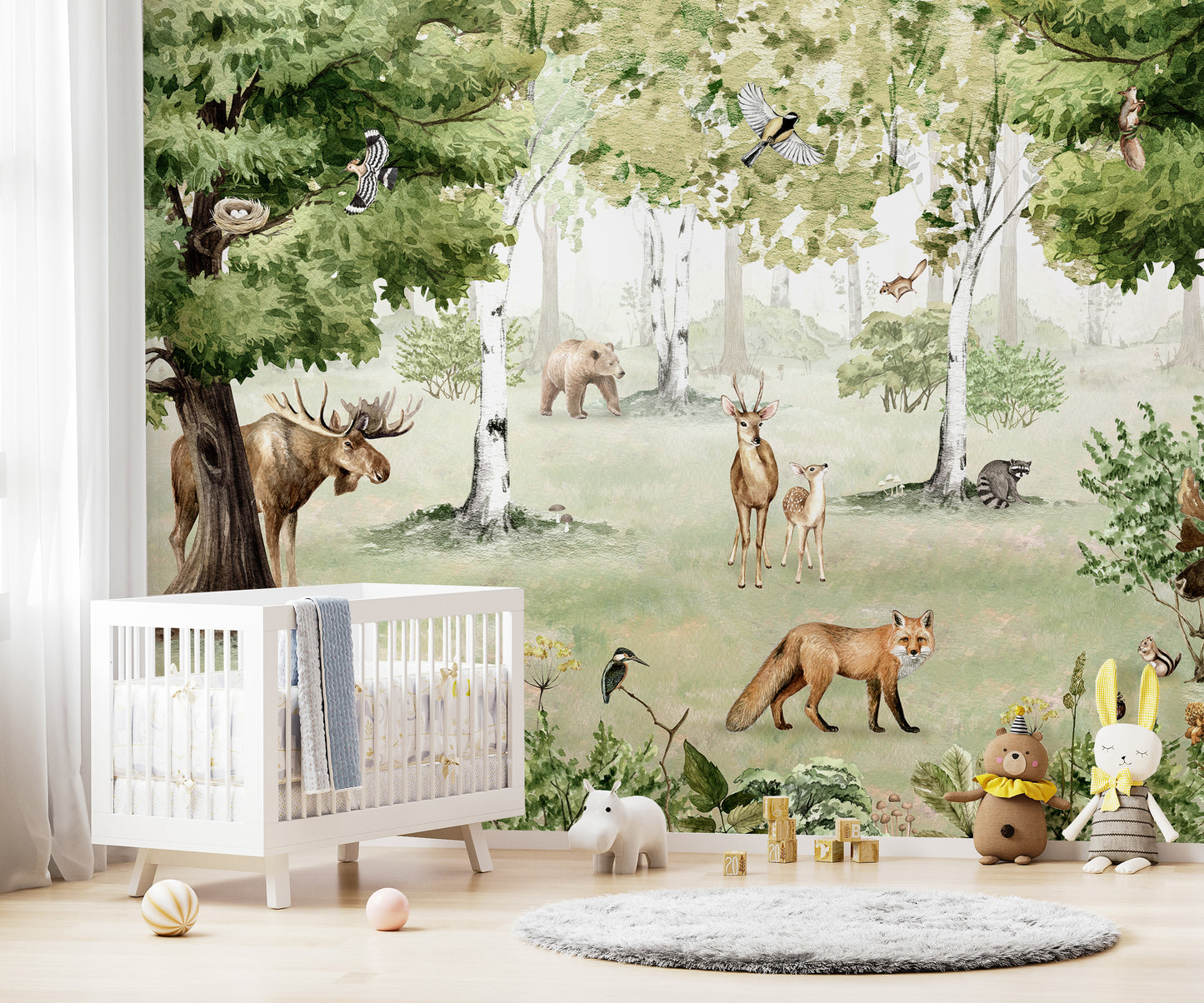 Woodland Wonders mural wallpaper featuring deer and fox