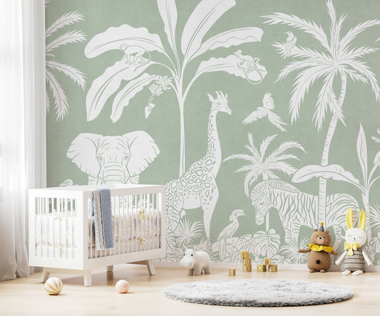 Monochrome Jungle Green Wall Mural
