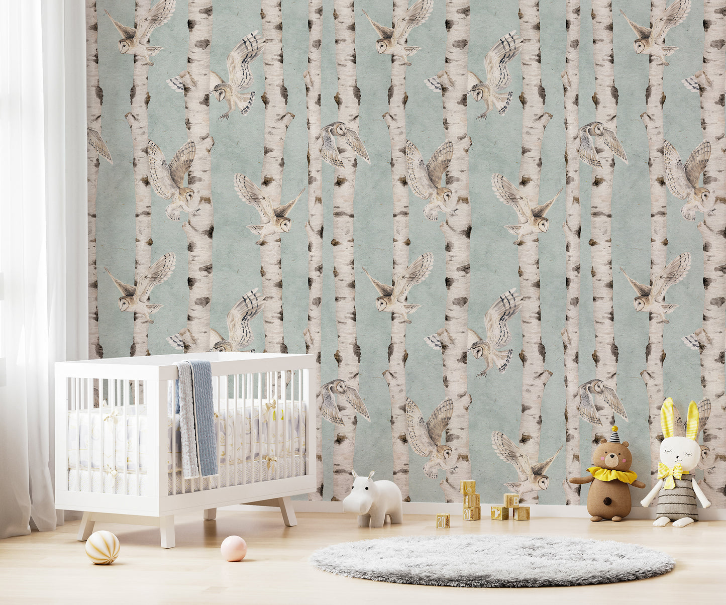 Owl Birch Forest Wallpaper - Blue