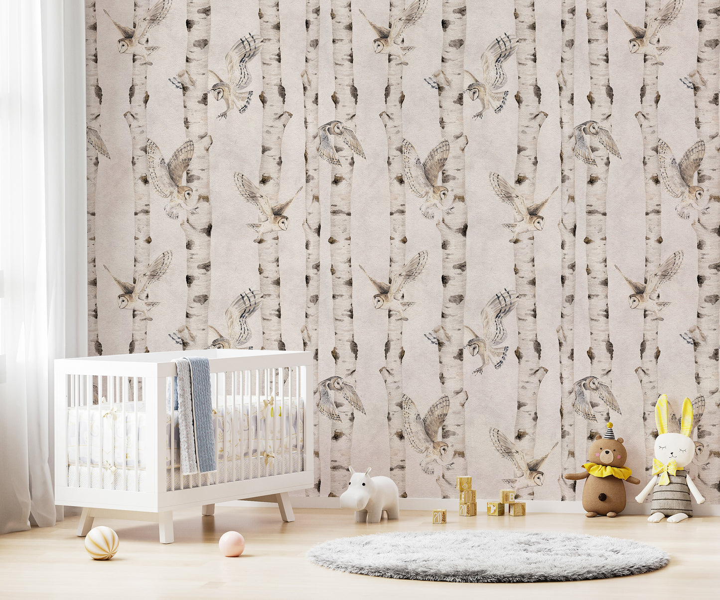 Owl Birch Forest Wallpaper - White