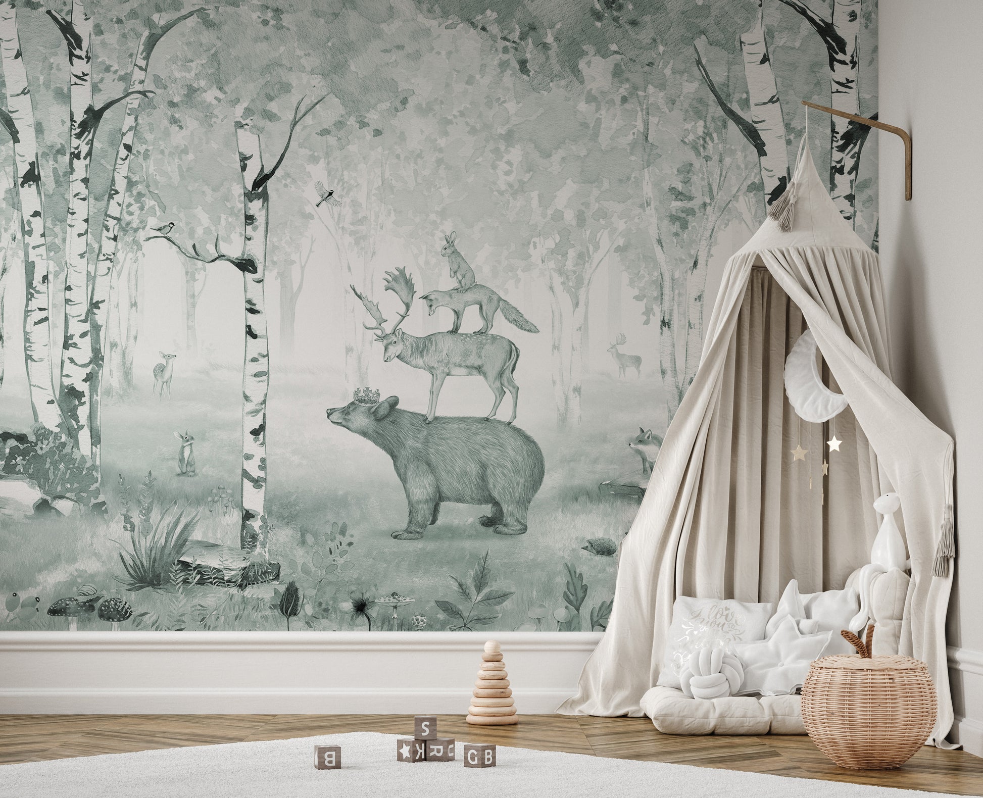 Woodland animals in Blue Bear King wallpaper mural design