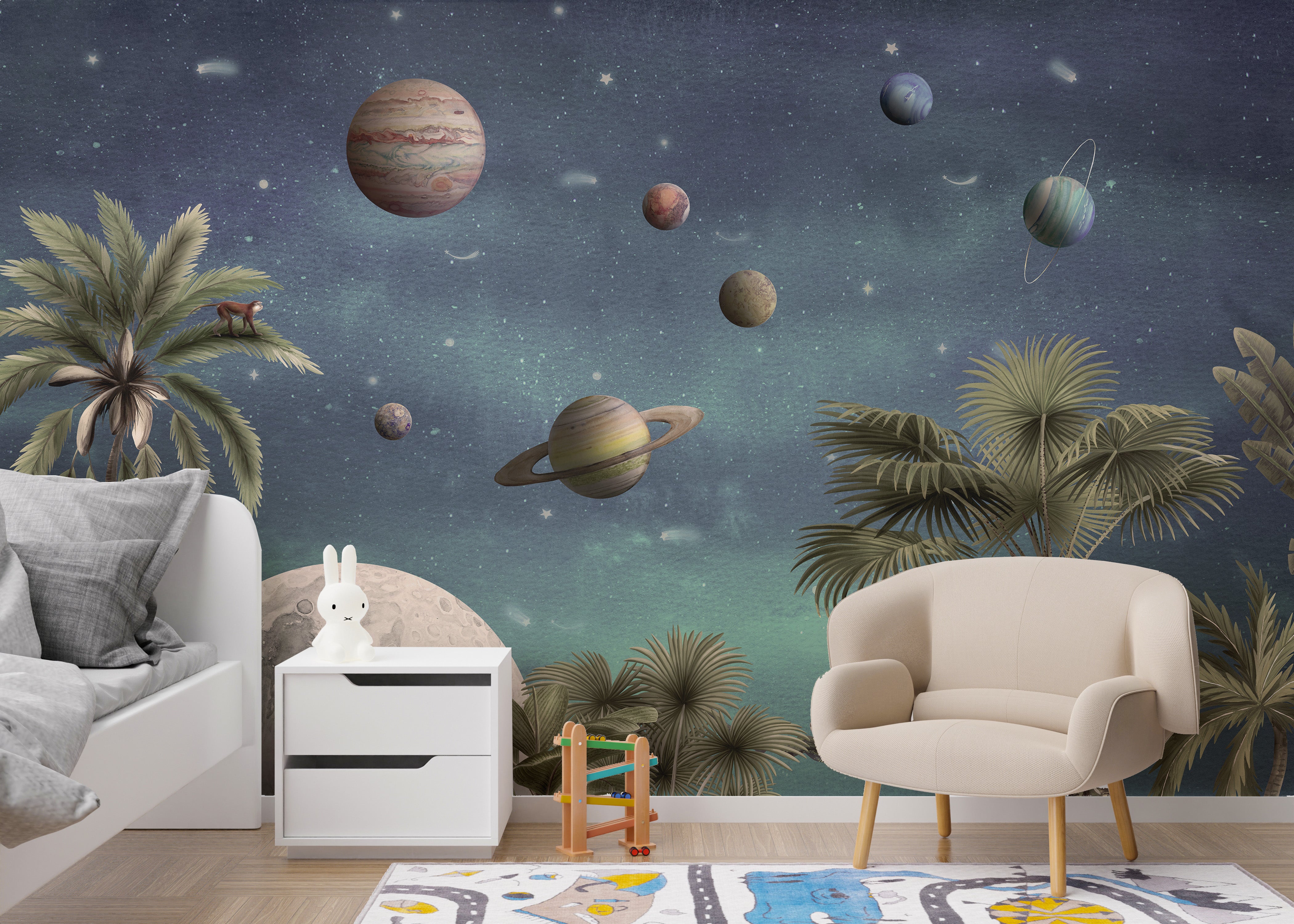 Jungle and galaxy theme Pretty Planets mural wallpaper