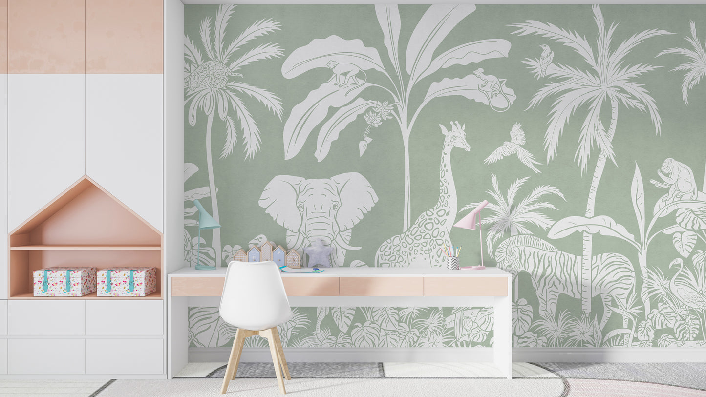 Monochrome Jungle Green Wall Mural