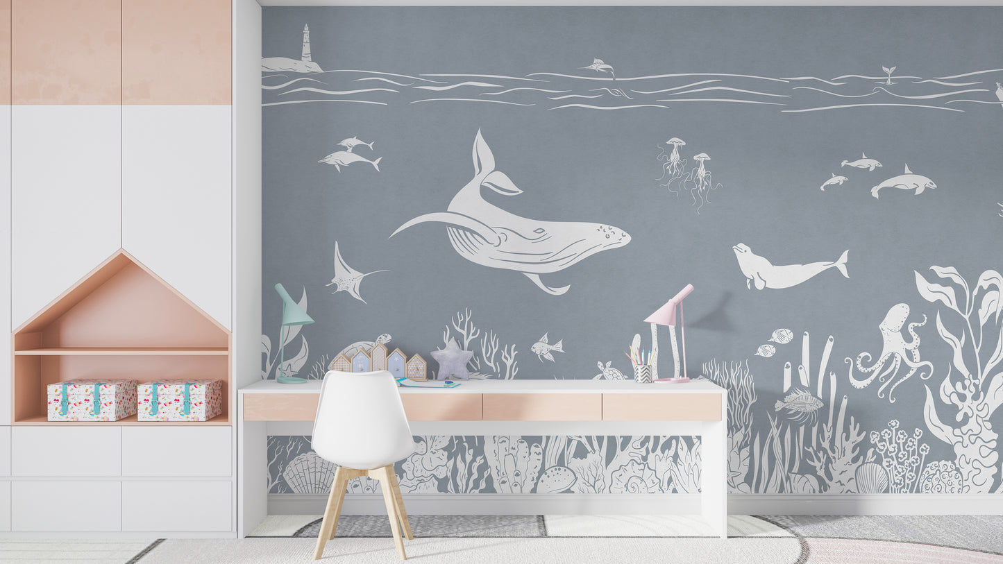 Monochrome Sea Blue Wallpaper Mural - Giffywalls