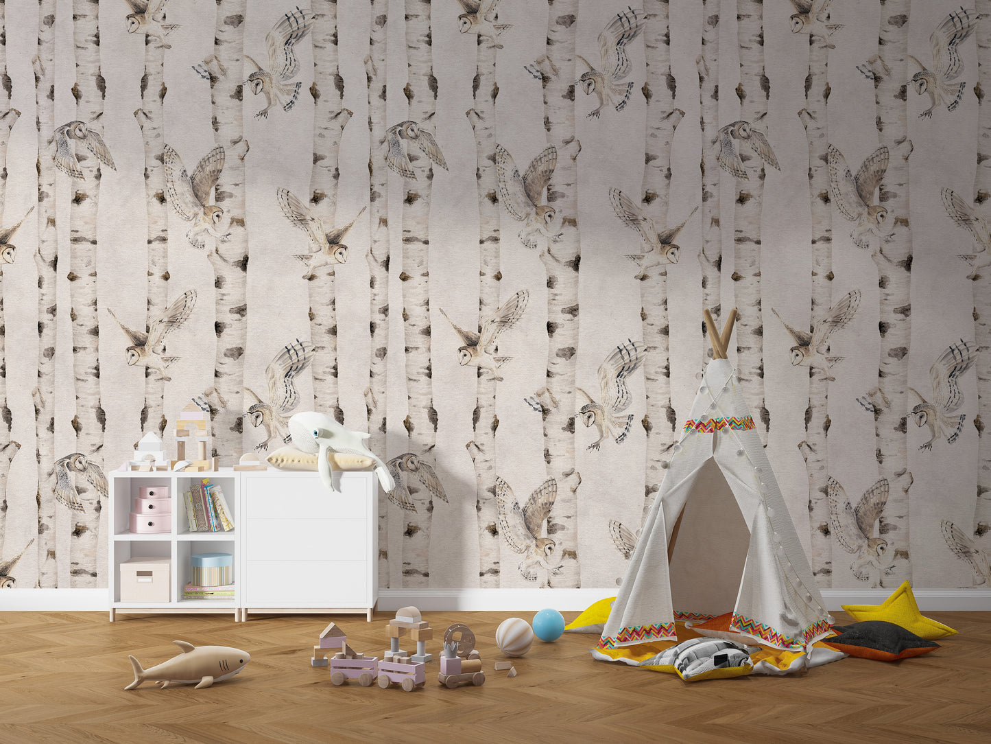 Owl Birch Forest Wallpaper - White