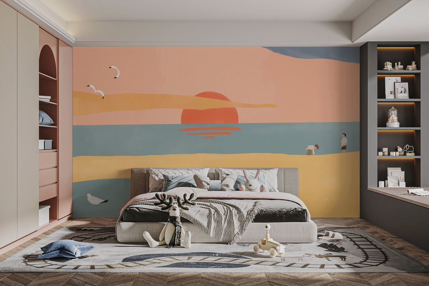 Soft and vibrant Sandy Sunrise wallpaper for cozy children's rooms.